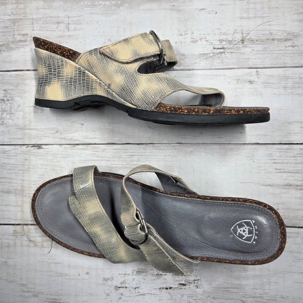 Ariat 20981 Wedge Sandal Snakeskin Slide Womens Size 8B Grey Cream Leather Cork